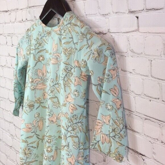A. Bird Dress or Long Top Blu Floral Pattern Asymmetrical Hem Long Sleeve Large - Picture 3 of 5